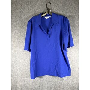 Chicos Women Size 2.5 US 14 Royal Blue V-Neck Short Sleeve Puff Shoulder Top